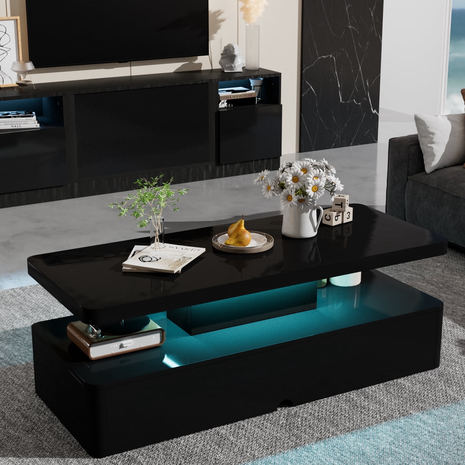 Easoger Modern Stylish Coffee Table with 16 Colors LED Lights, Double-Layer Design for Living Room, Black High Gloss Acrylic