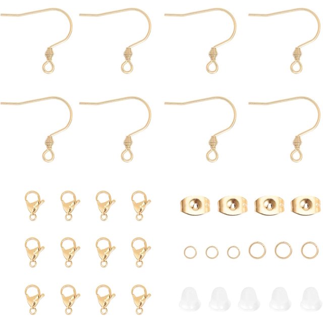Kit de 180 piezas para hacer aretes dorados DIY, ganchos para aretes de acero inoxidable 304 con cierre de pinza de langosta, tuerca para aretes, anilla de salto y tuercas de plástico para aretes.
