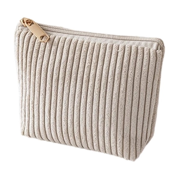 Makeup Bag with Zipper, Corduroy Make Up Pouch for Purse Travel, Cosmetic Organizer for Women Brush Storage, Cute Small Toiletry Bag for Back to School and Valentine's Gift (Khaki)