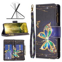 Allytech Wallet Case Compatible with iPhone 14 Pro Max (6.7 inch) 2022, 9 Card Holder & Zipper Pocket PU Leather Anti-Shock Kickstand Case with Hand Strap for iPhone 14 Pro Max 5G, Big Gold Butterfly