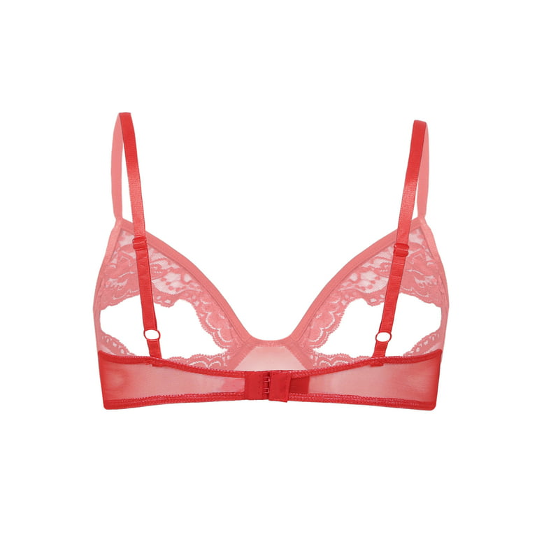 DPOIS Womens Sheer Floral Lace Hollow Out Nipple Bra Top Red L 
