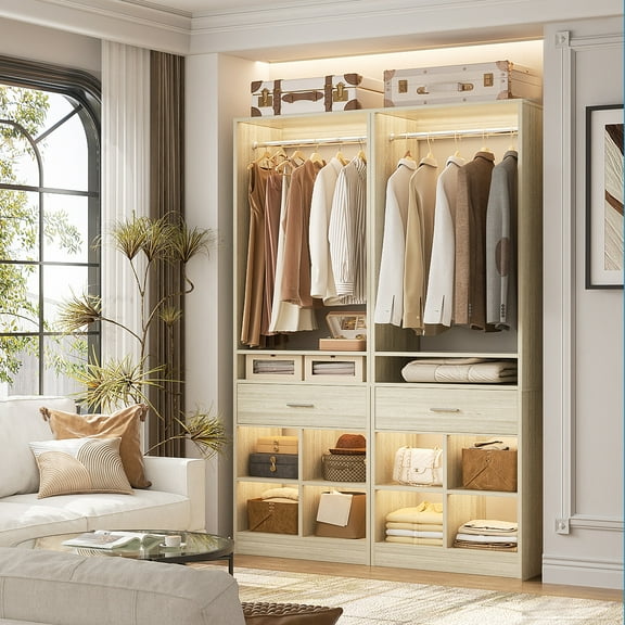 Homieasy 2-Pack Freestanding Closet System with 2 Wood Drawers & 8 Cubby Storage, Double Garment Rack Organizer ,50''W x 80''H, for Walk-In Closets,White Oak