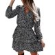 thumbnail image 1 of Gibobby Vestido de manga larga para mujer Mini vestido informal con volantes y manga larga estampado con cuello en V para mujer(Negro,CH), 1 of 5