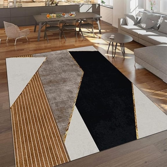 Modern Geometric Brown Gold Stripes Area Rug, Irregular Abstract Black And White Large Rugs, With Anti-Slip Backing Indoor Carpet For Living Room Bedroom Study Dining Room 1x2ft