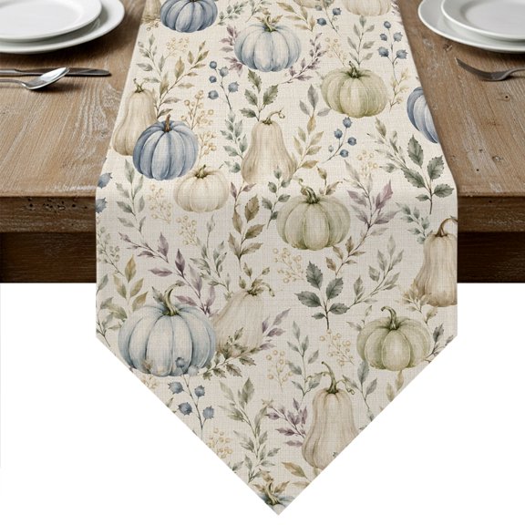 Thanskgiving Fall Table Runner Linen Burlap Table Runner 60 Inches Long Rustic Pumpkins Botanical Maple Leaf Dresser Scarves for Kitchen Island Coffee Dining Room Party Holiday Decoration 13"x60"