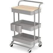 3 Tier Rolling Cart with Table Top, Rolling Storage Cart with Handles and Locking Wheels, Utility Cart with 2 Small Baskets and 4 Hooks for Bathroom. Office, Balcony, Living Room (Grey)