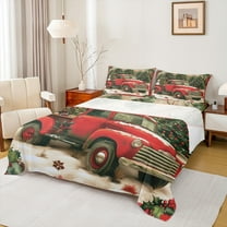 Manfei Vintage Rustic Truck Queen Sheet Sets, Christmas Tree Gift Flat and Fitted Sheet, Winter Snowman Breathable Home Decor, 4pcs