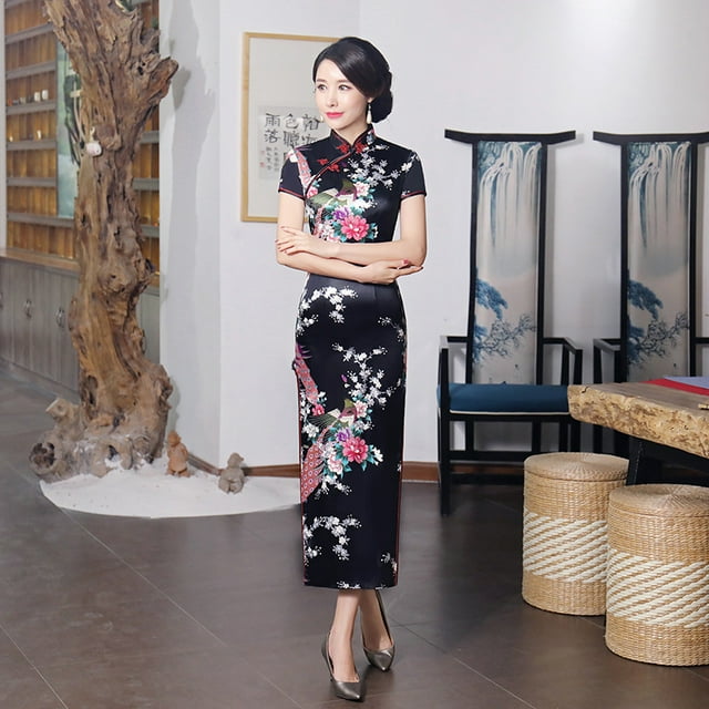 Robe Qipao Longue pour Femmes Multicolore Rétro Classique Style Chinois Imprimée Qipao Grande Taille Coupe Ajustée Robe