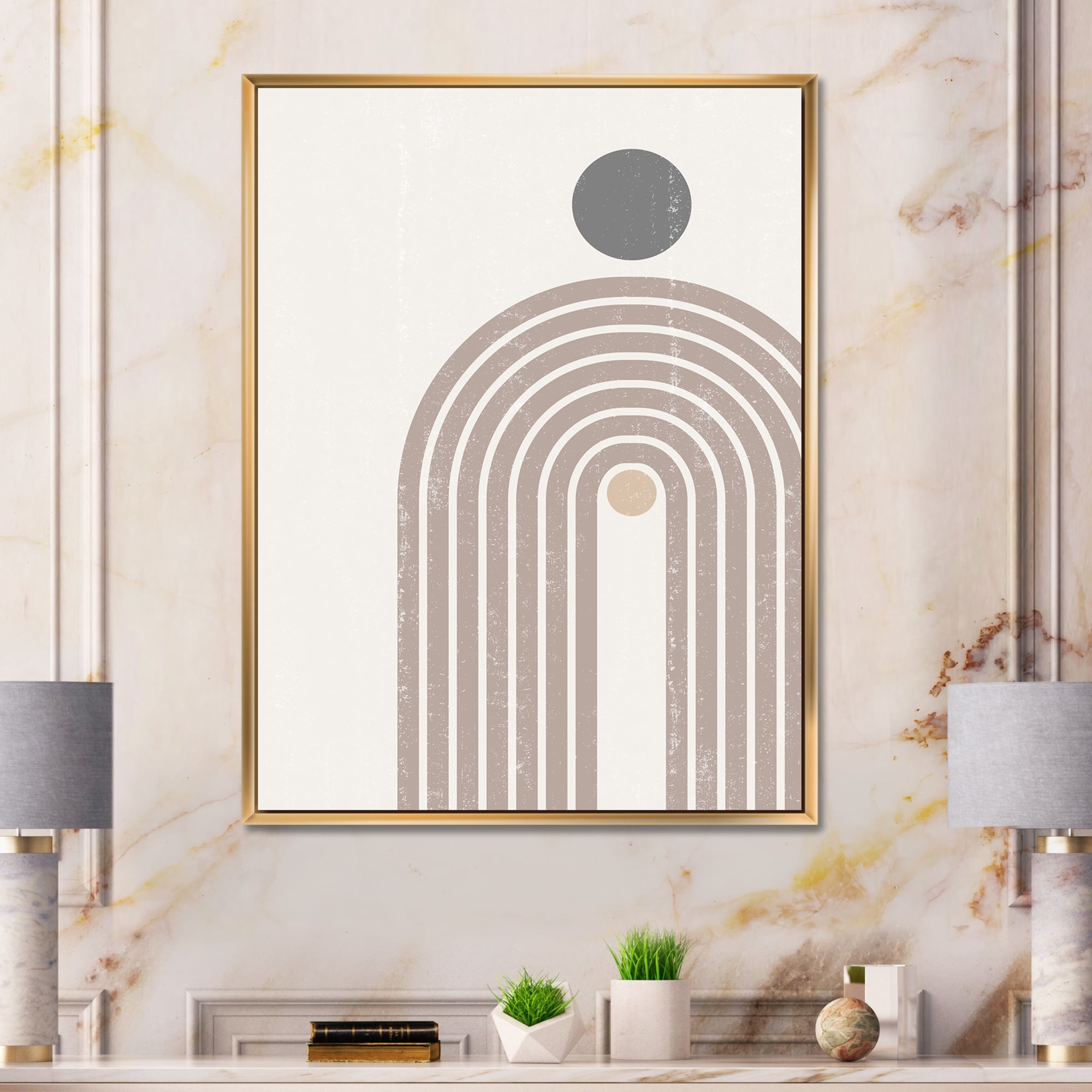 Designart 'Abstract Rainbow Moon and Sun In Earth Tones I' Modern Framed Canvas Wall Art Print
