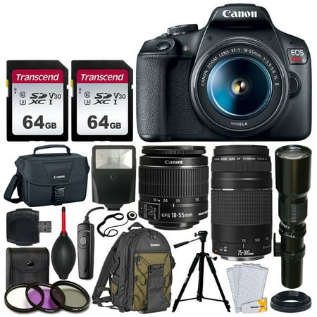 Canon EOS Rebel T7 DSLR Camera + EF-S 18-55mm f/3.5-5.6 IS II + EF 75-300mm f/4-5.6 III Lens + Telephoto 500mm f/8.0 T-Mount Lens (Long) + 2x 64GB Memory Card + Canon EOS Bag + Canon Backpack +