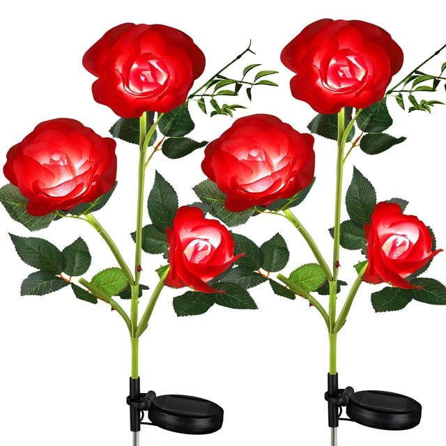 Juego de 2 luces solares para jardín, flores solares decorativas para exteriores, 3 rosas, decoración de jardín impermeable mejorada oso de fresa Electrónica