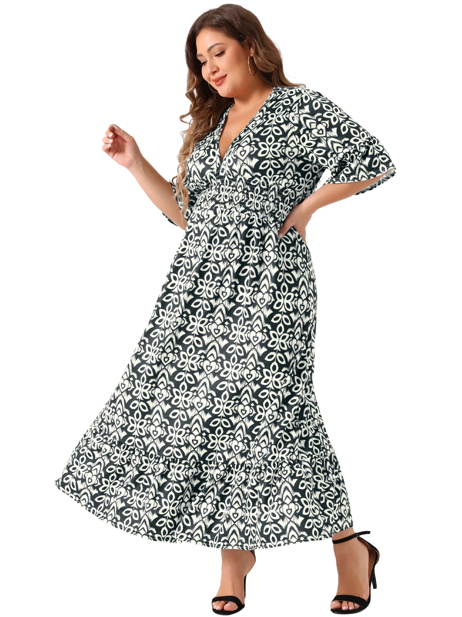 DARING DIVA Women's Plus Size Bell Sleeve Ruffled Hem Boho A Line Dress 1X Black