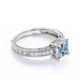 thumbnail image 3 of JeenMata Four Prong Cathedral - 1 Carat Princess Cut Created Aquamarine and Moissanite - Milgrain Border - Victorian Pave Engagement Ring - 18K White Gold Plating over Silver, 3 of 6