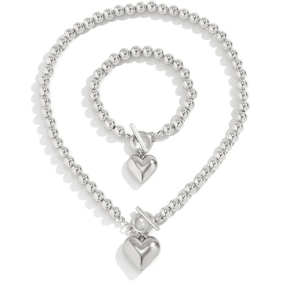 Gold Jewelry Set for Wommen Chunky Heart Necklace and Bracelet Pearl Jewelry Set Dainty Silver Set Non Tarnish