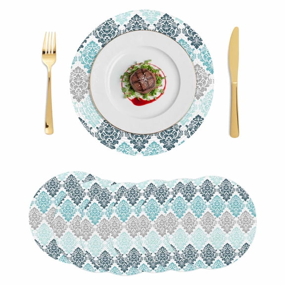 Teal Boho Flowers Round 15 Inch Placemats Set of 6, Modern Luxurious Ombre Geometric Floral HeatResistant Non Slip Place Mats for Dining Table, Wipeable Braided Kitchen Table Mats for Housewarming