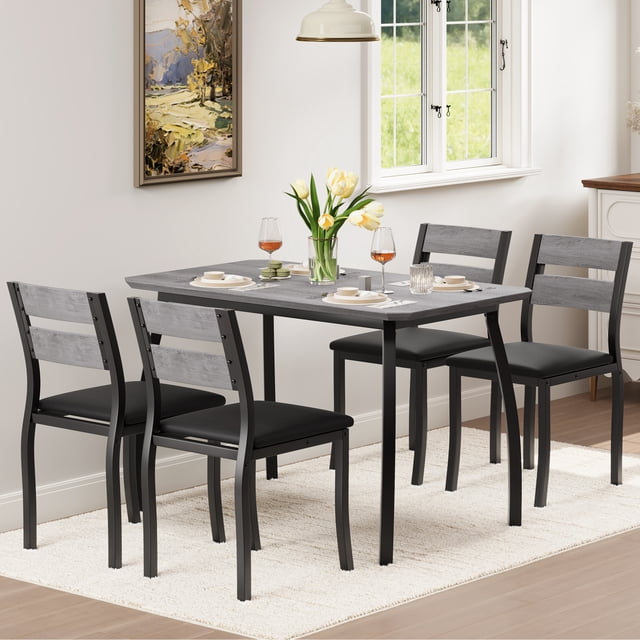 5 Piece Dining Table Set for 4, Space Saving Metal and Wood Design with Cushioned Seats, Chamfered Edge for Apartments Small Spaces Breakfast Nook, Multiple Colors