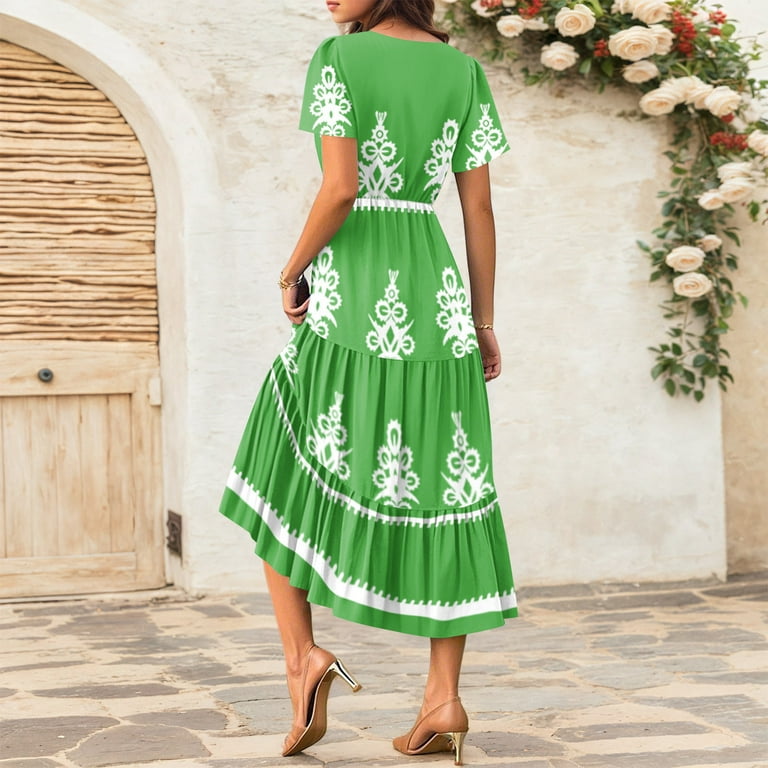WTOBBY Women's Summer Casual Flowy Short Sleeve Bohemian Floral Print Maxi  Dress for Beach Vacation Formal Evening Party Guest Wedding Long Dress with  Lightweight Chiffon Fabric,Green XL - Walmart.com