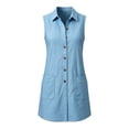 thumbnail image 4 of Women's Sleeveless Solid Color Cotton Linen Blend Shirt Dress Collared Button Down Casual Dress with Pockets Light Blue XL(XL), 4 of 7