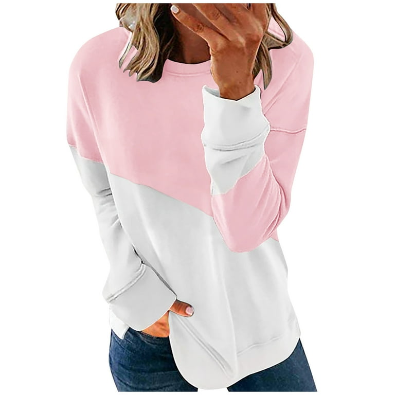 YYDGH Crewneck Sweatshirt for Women Long Sleeve Side Slit Casual Shirt  Loose Color Block Pullover Tops(Pink,XL) 