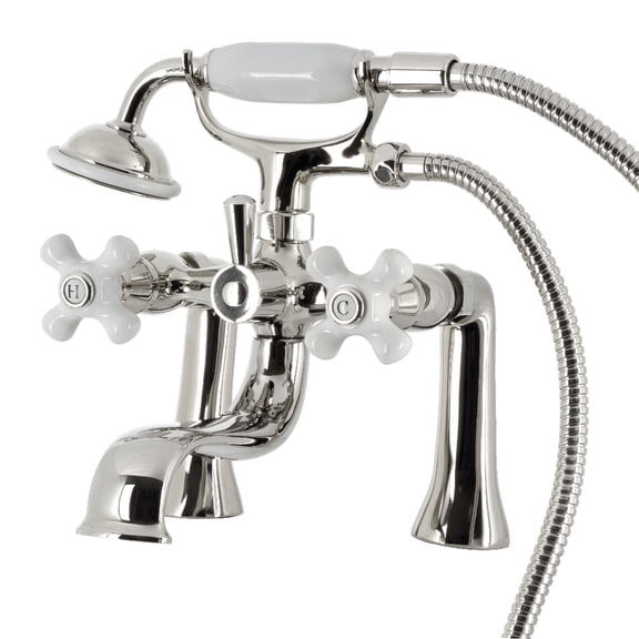 Kingston Brass KS228PXPN Kingston Three-Handle 2-Hole Deck-Mount Clawfoot Tub Faucet with Hand Shower in Polished Nickel