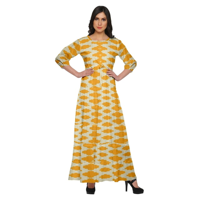 Moomaya Robe Longue Maxi Imprimée à Col Rond, Manches 3/4, avec Taille à Cordon