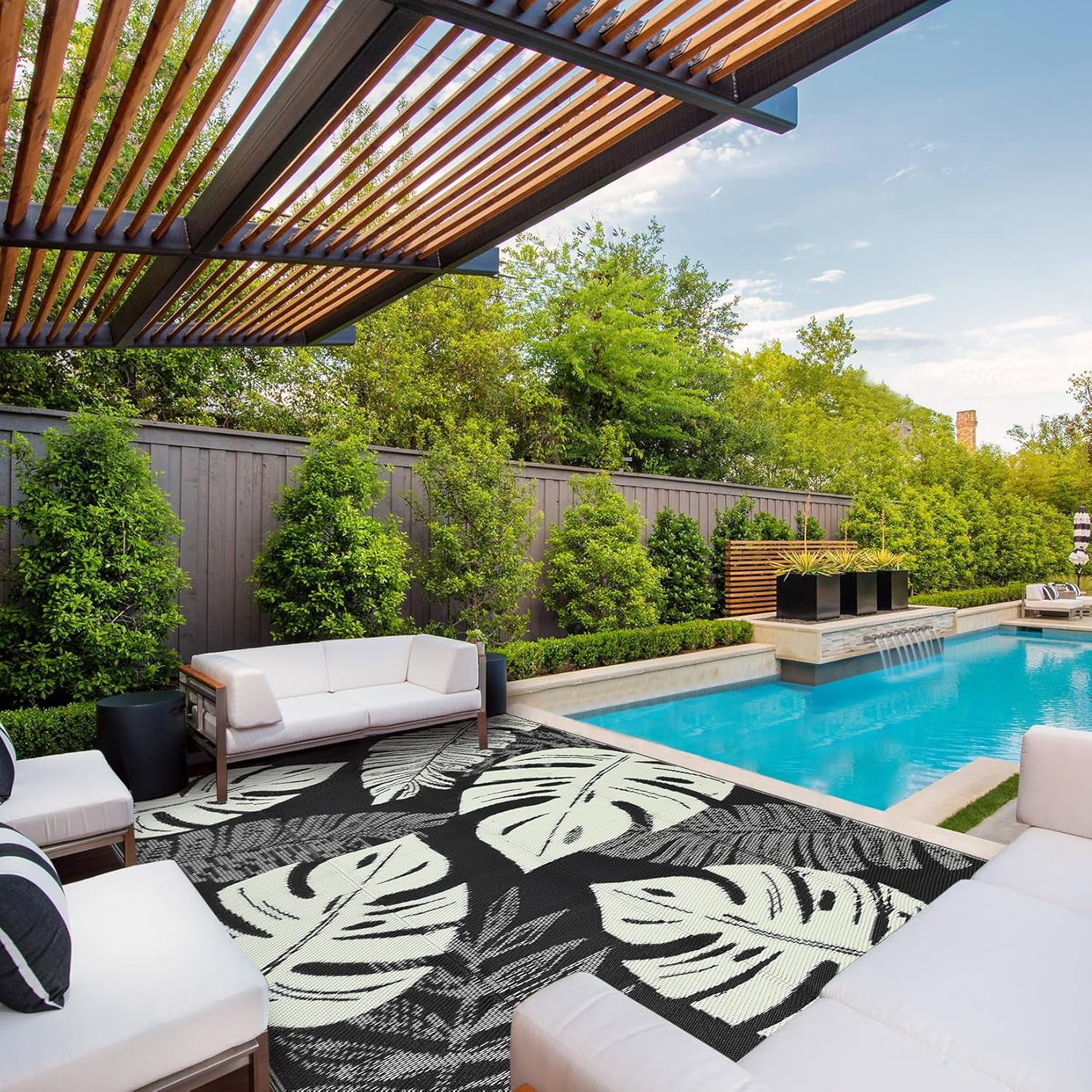 Funslane Outdoor Rug 8' x 10', Waterproof Plastic Straw Mat, Foldable & Reversible, Indoor Outdoor Rugs for Patio, Deck, RV, Beach, Picnic, Black/Beige