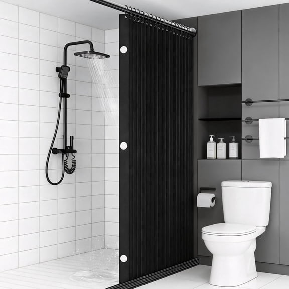 Metal-Adhering Folding Shower Curtain, 70.9 x 78.7 in Waterproof Thickened Partition Curtain with Hooks and Straps, Simple Style for Shower Rooms, Bathtubs, Hotels and Apartments (Black)