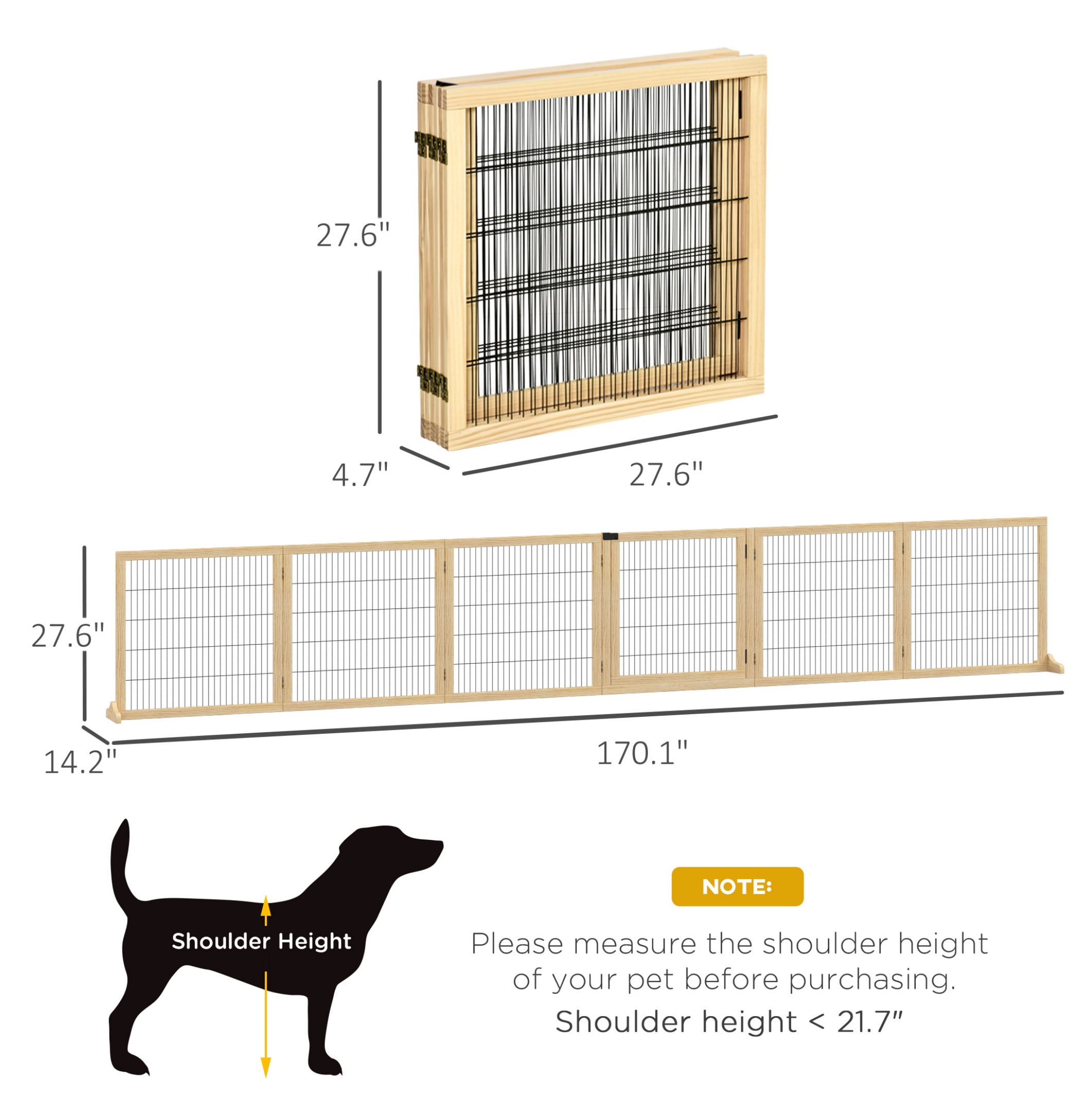 Wooden Dog Gate, 170" Freestanding Pet Gate, 6-Panel Foldable Dog Safety Barrier with 2 Support Feet for House Doorway Stairs, Small and Medium Dogs, Natural Wood