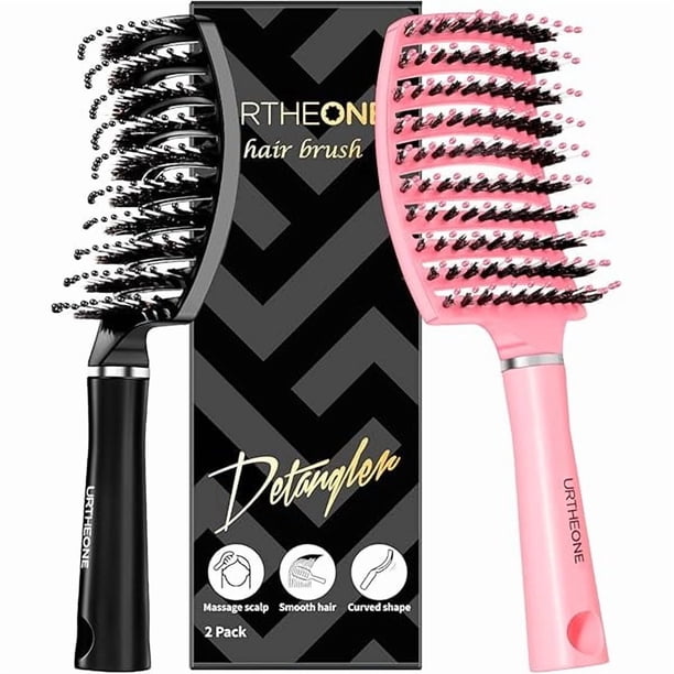 wonima11 Hair Brush, Detangling Hairbrush Boar Bristle Curved Vented Hair Brush for Women Men Kids Curly Thick Long Short Wet or Dry Hair, Faster Blow Drying(2Pack, Black&Pink)