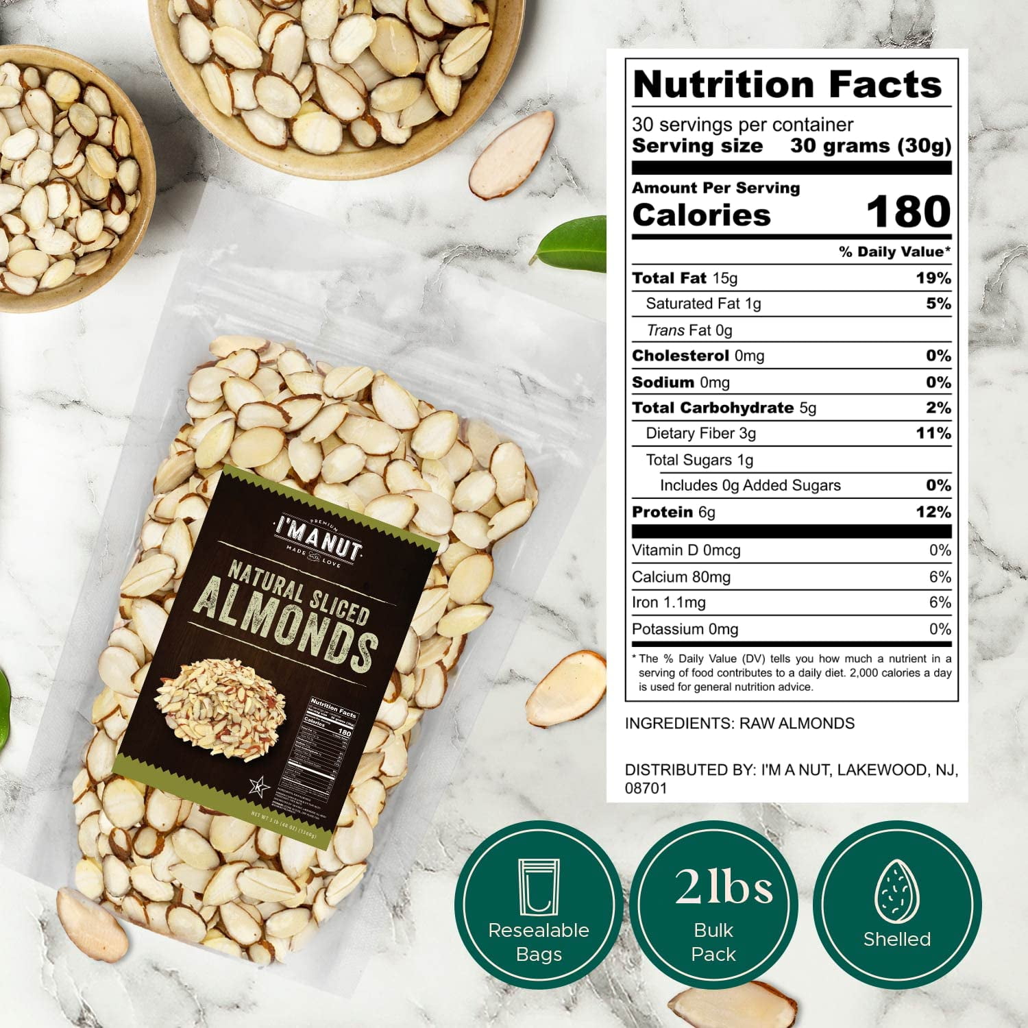 Premium Raw Unsalted Sliced BDF32 Almonds 32oz (2 lb) | Superior Gourmet Quality | Batch Tested Gluten & Peanut Free | Non-GMO | No PPO | Unblanched for Maximum Nutrition & Flavor