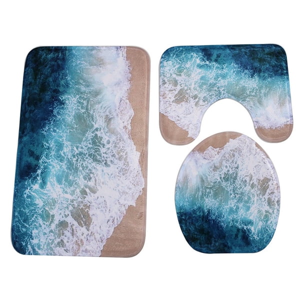 Alfombra De Baño Estilo Océano, Tapa De Inodoro + Alfombra Azul Para Baño + Hogar