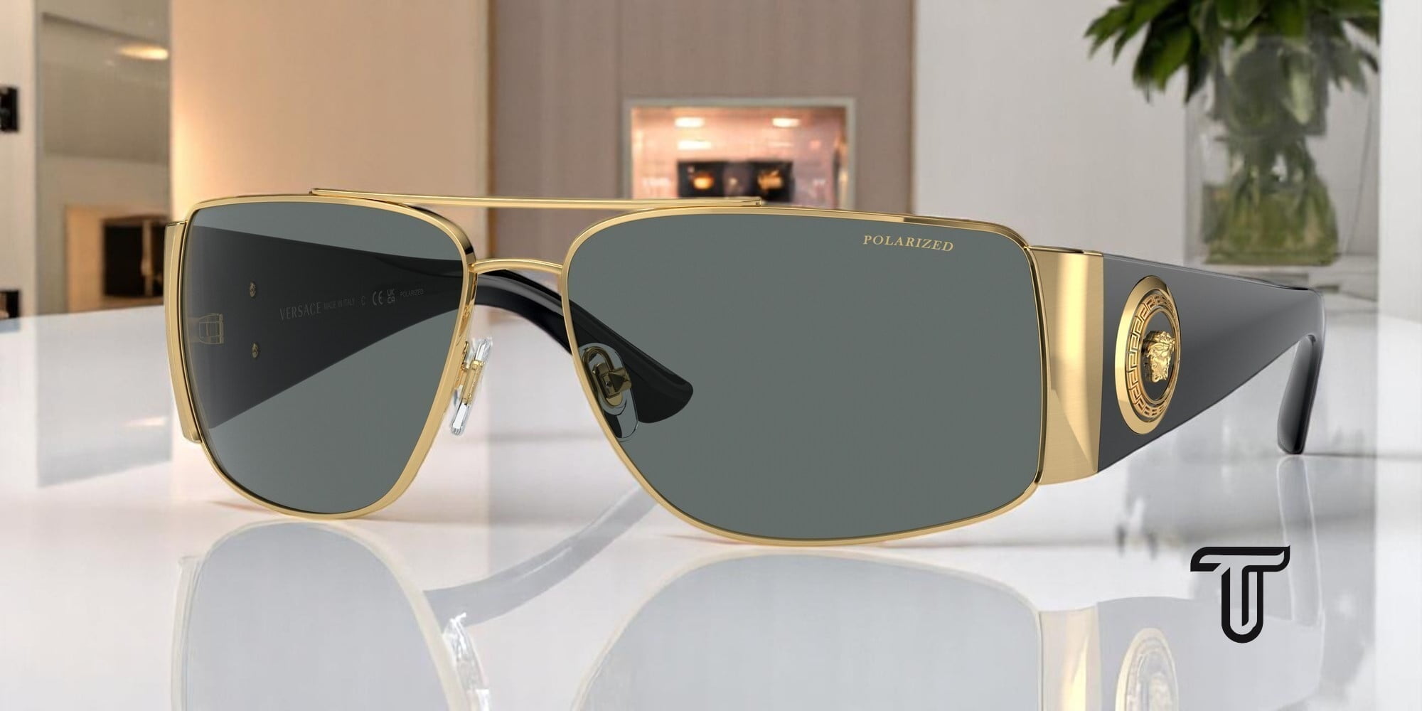 Versace Unisex Aviator Sunglasses VE 2163, Polarized, Gold Metal