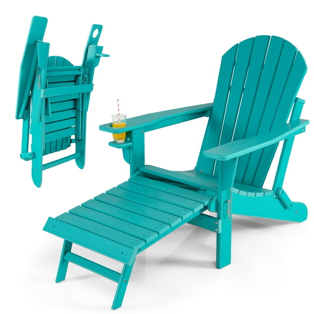 Costway Folding Adirondack Chair HDPE All-Weather Pull-Out Ottoman Turquoise