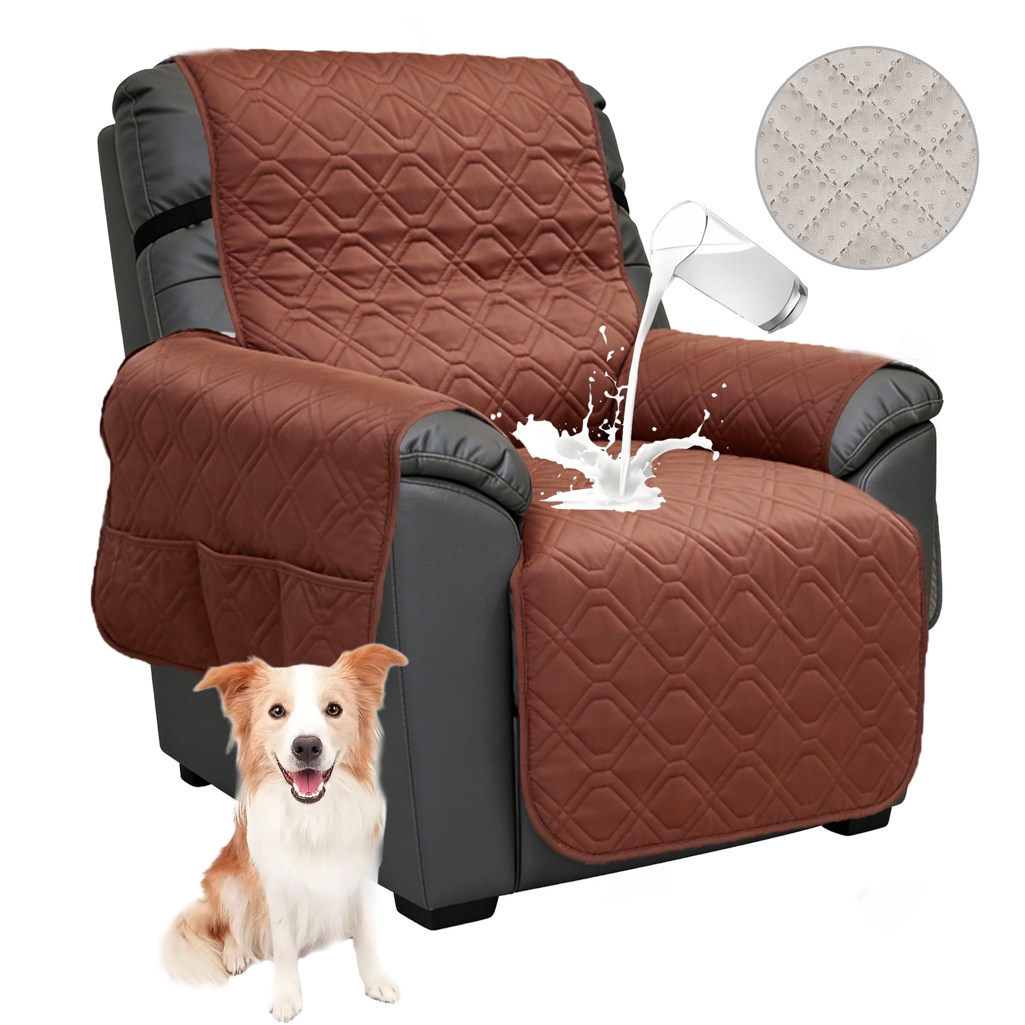 Waterproof Recliner Chair Covers, Anti-Slip Chair Cover with Side Packets, 5 Layers Washable Recliner Cover Reclining Couch Slipcovers, Dog Pet Furniture Protector for Large Recliners (Brown,28")
