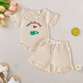 thumbnail image 2 of Kogui Newborn Girl Outfit Girls Summer Outfit Sets Infant Short Sleeve Cartoon Prints Romper Bodysuit Shorts Outfits Back to School Outfit Sets for Girls 0 3 6 9 12 18 24 Months (Beige,6-9 Months), 2 of 3