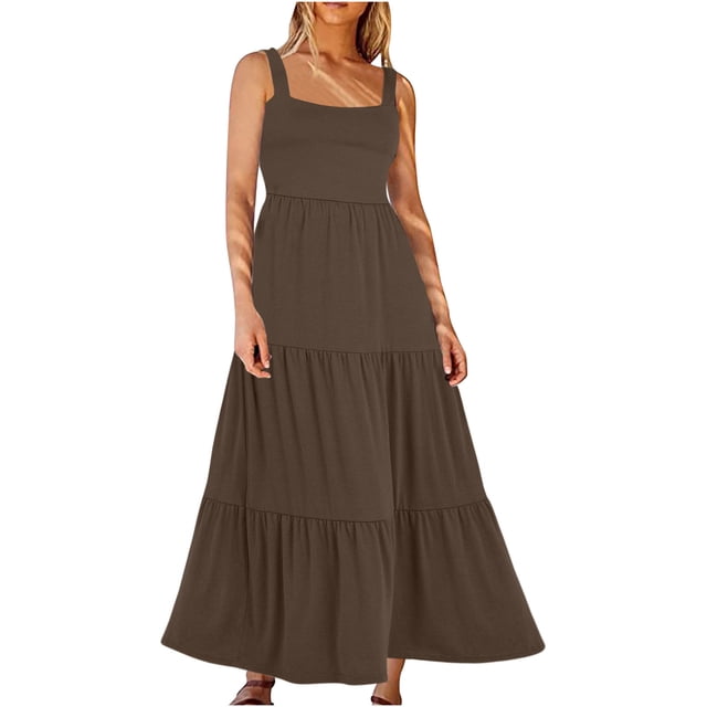 Yuyuzo Robes d'Été pour Femmes Décontractées Sans Manches Robes Maxi Encolure Carrée Évasées Plage Longue Robe Soleil