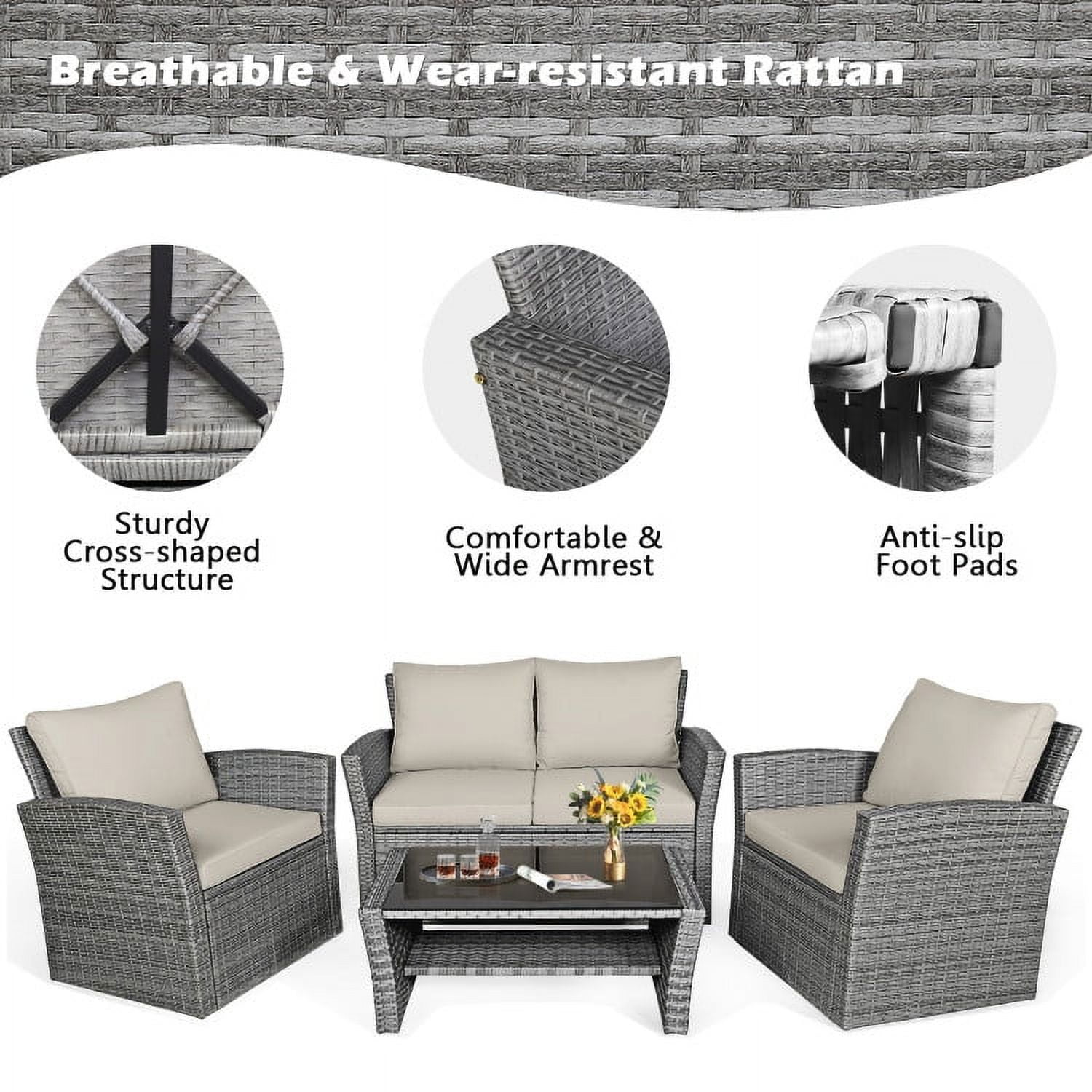 Aimee Lii 4 Pieces Wicker Patio Furniture Set Sofa Table with Storage Shelf Cushion, Modern Patio Furniture, Khaki Aimee Lii 4 Pieces Wicker Patio Furniture Set Sofa Table with Storage Shelf Cushion, Modern Patio Furniture, Khaki