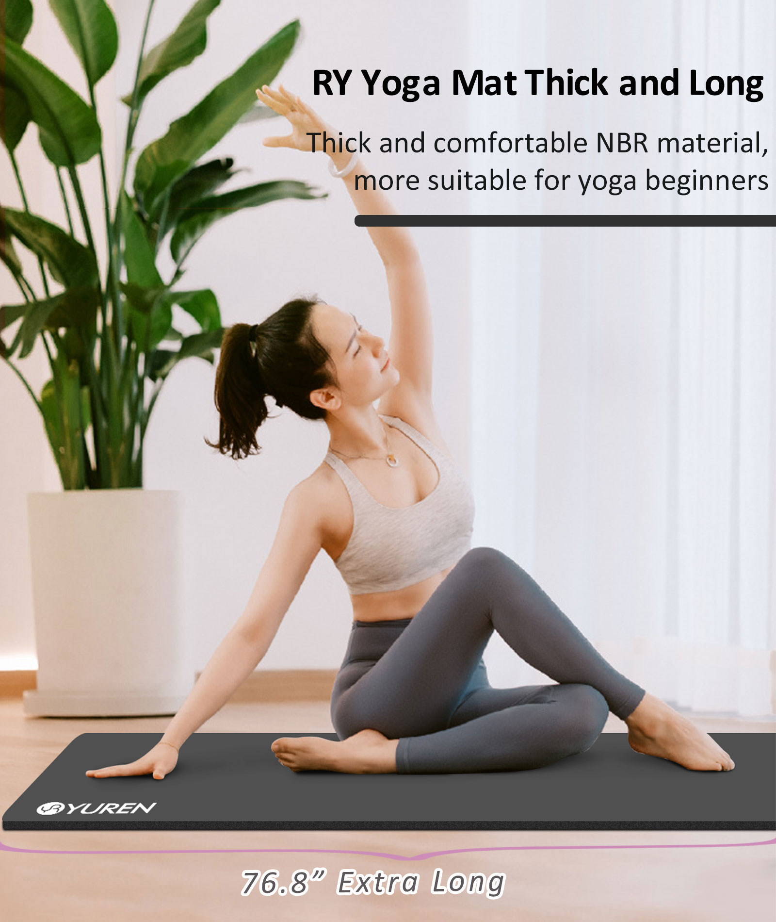 YR Yoga Mat, 76" x 24" High-Density Foam, Black photo 2