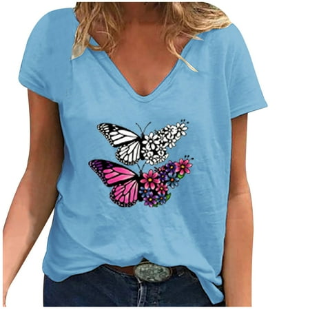 

HHei_K Women s Casual Fashion Loose V-Neck T-Shirt Printed Short-Sleeved Tops corset tops for women