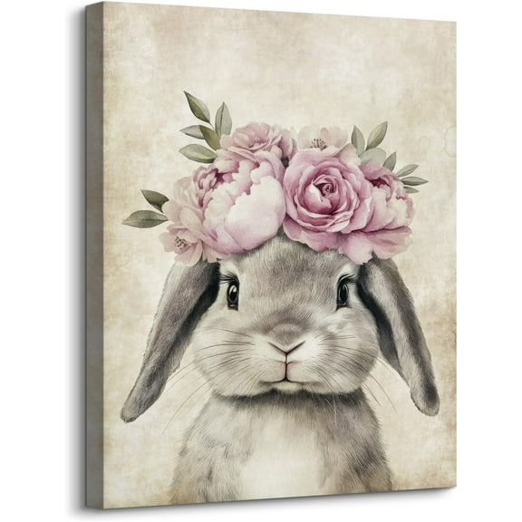 Aaheei Easter Bunny with Floral Crown Canvas Wall Art Cute Rabbit Poster Prints for Baby Room Lovely Furry Animal Portrait Pictures Artwork Retro Painting for Nursery Corridor Bedroom Decor