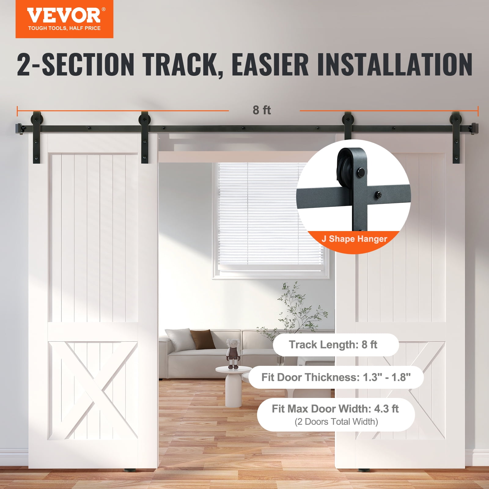 VEVOR 8 ft, Sliding Barn Door, 96.1'' x 1.5'' x 0.2'' Carbon Steel Material Barn Door Hardware Kit