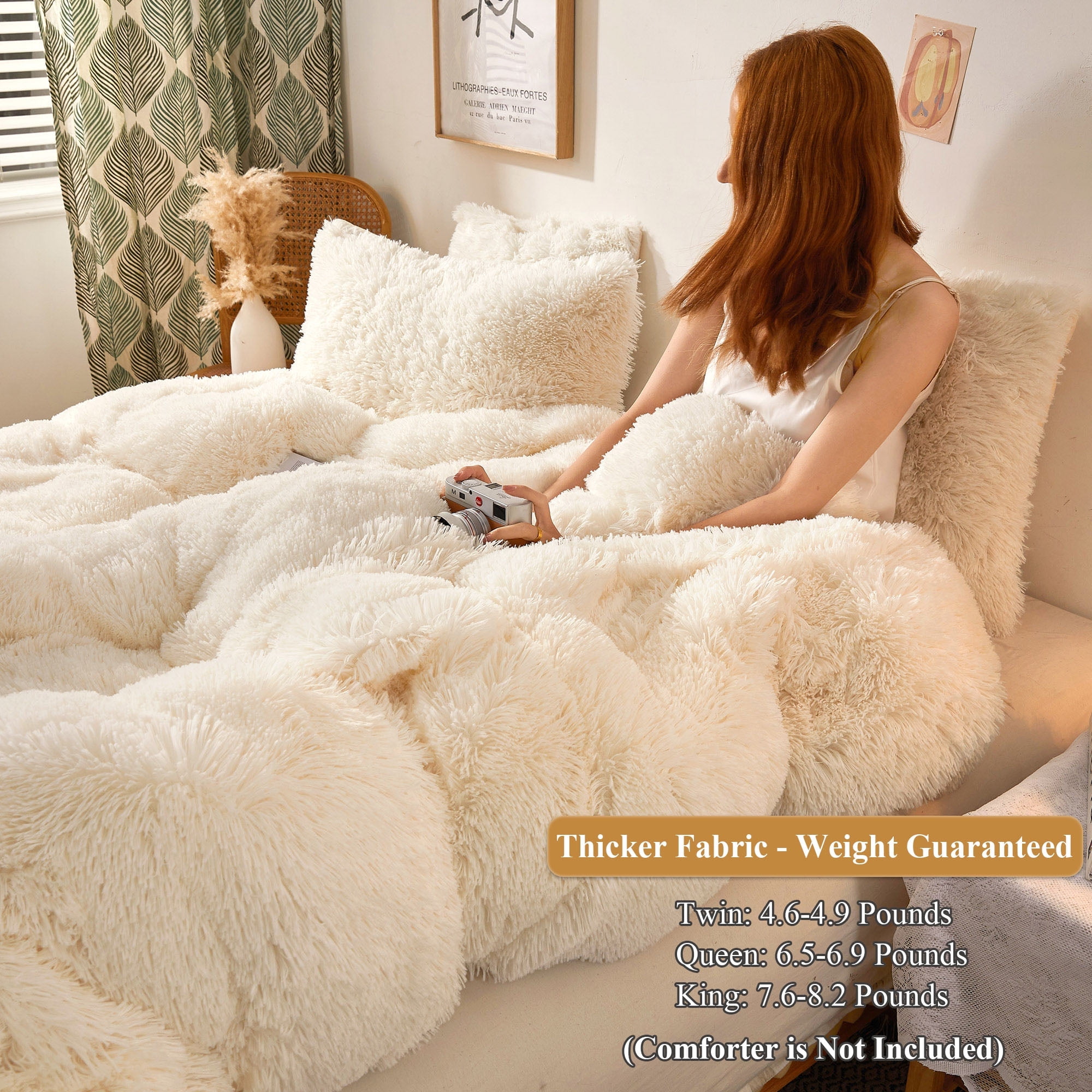 XeGe 3 Piece Fluffy Faux Fur Duvet Cover Set King, Luxury Ultra Soft Velvet Shaggy Plush Bedding Set, Ivory Fuzzy Comforter Cover with 2 Furry Pillow Cases, Zipper Closure, King Size, Beige