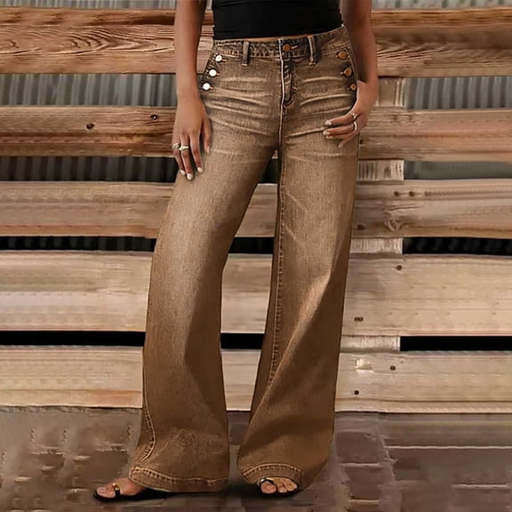 Karymi Mid‑Rise Wide‑Leg Jeans for Women, Decor Side Button Stretch Full‑Length Denim Pants with Pockets