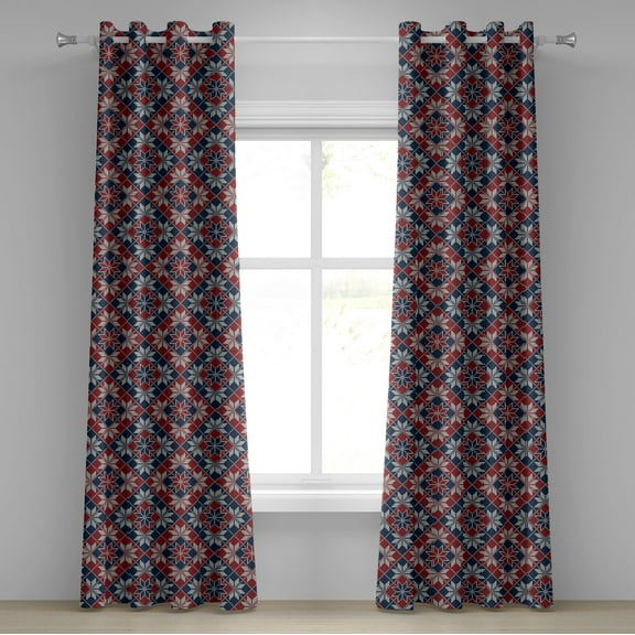 Ambesonne Nordic Grommet Curtain, Tartan Geometric Floral, 50" x 72", Ruby Dark Blue Coconut