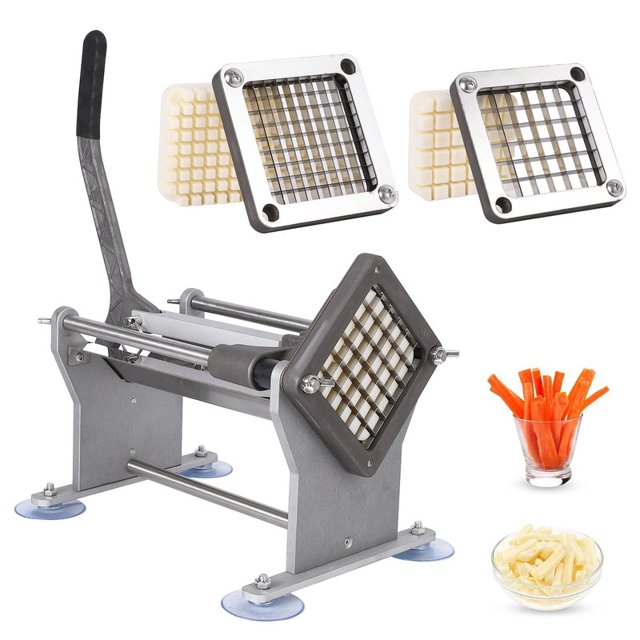 Commercial French Fry Cutter – Stainless Steel Potato & Vegetable Slicer with 1/2" & 3/8" Blades. The image shows a durable stainless steel cutter with an ergonomic lever handle and four suction cup feet for stability. Two interchangeable blade grids are displayed, suitable for cutting potatoes, carrots, and other vegetables. Includes a demonstration of sliced carrots and French fries in bowls.