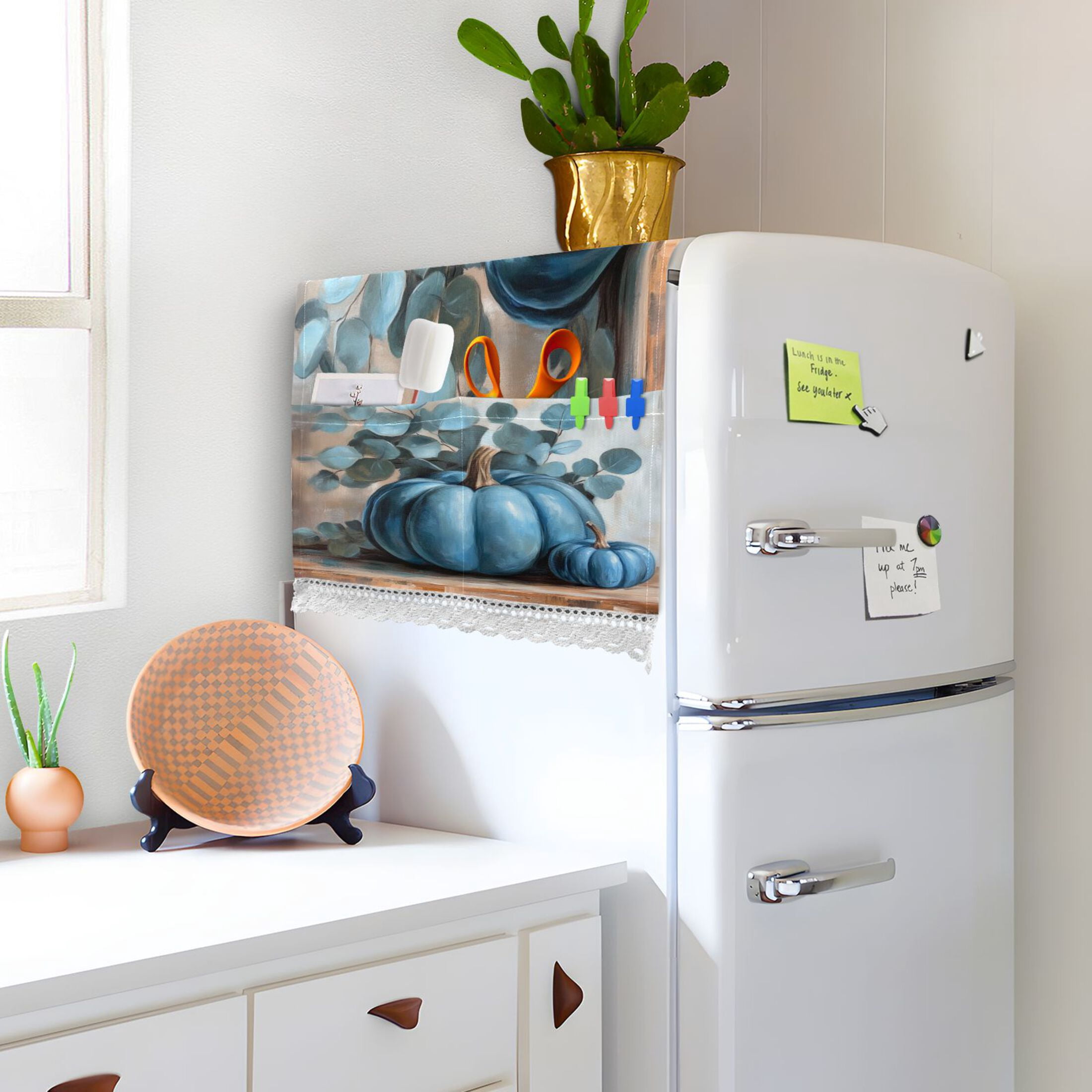 Blue PumpkinWasher and Dryer Covers Dust-Proof and Oil Resistant Fridge Cover with 4 Storage Pockets Washing Machine Top Cover for Laundry Kitchen Home 51.2 x 22 In