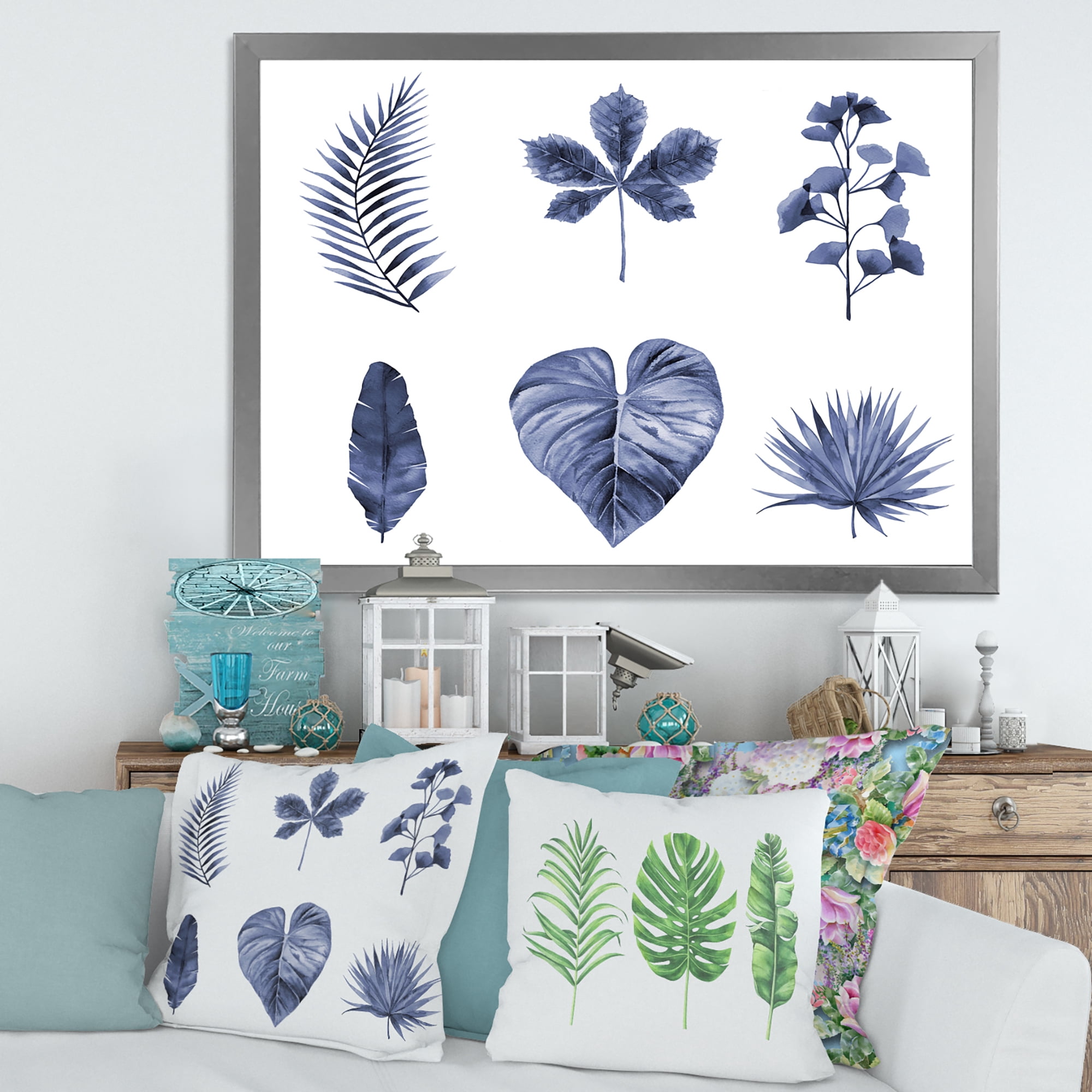 Designart 'Abstract Set Of Plant Leaves Blue' Traditional Framed Art Print
