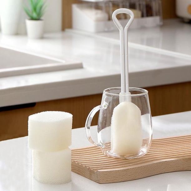 Cepillo para botellas con mango - 3 cabezas de esponja que no se rasguñen para copas de vino, tazas y vasos, limpiador de plástico de 10,6" de largo
