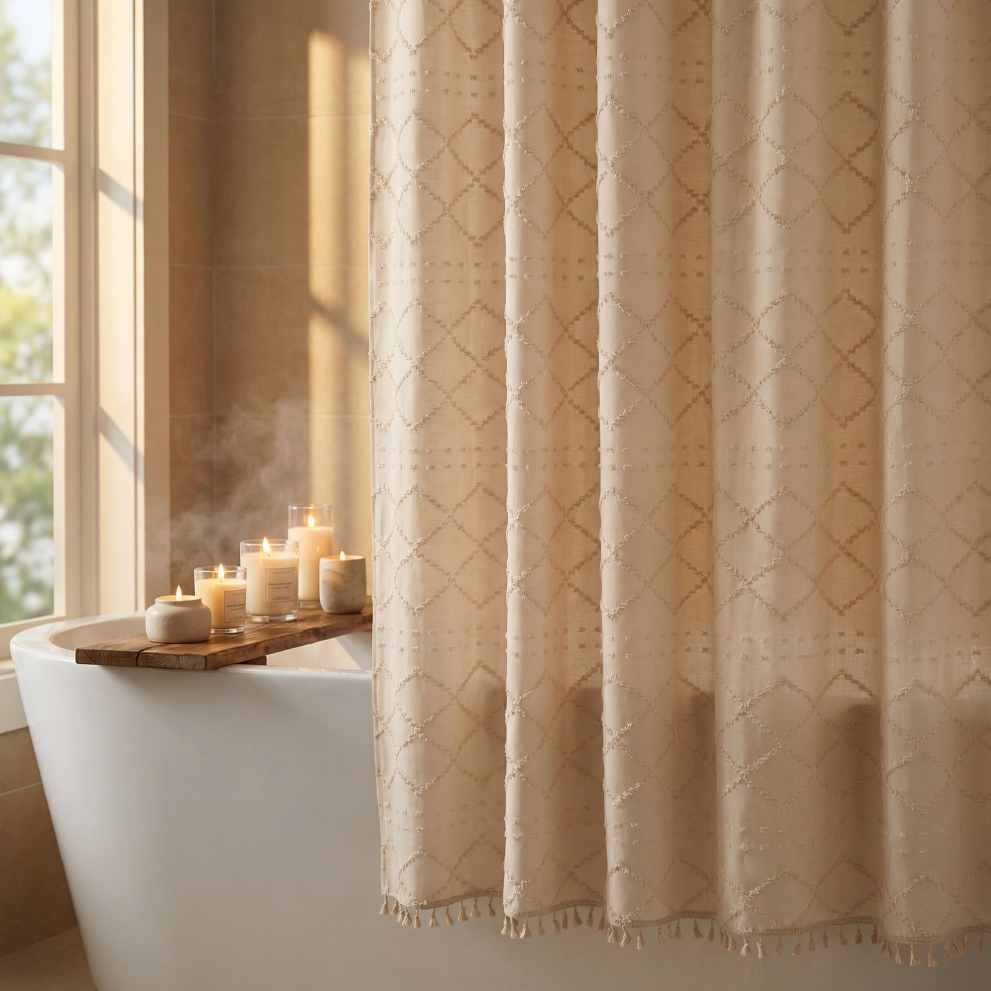 Unique Bargains 3D Geometric Texture Bath Curtain Sets with Hooks Beige 72"W x 72"L