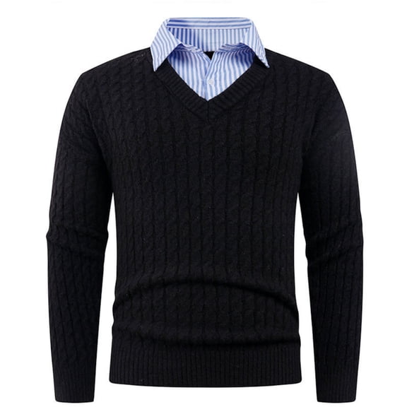 Men's V Neck Cable Knit Sweater with Faux Shirt Collar Long Sleeve Pullover Top
